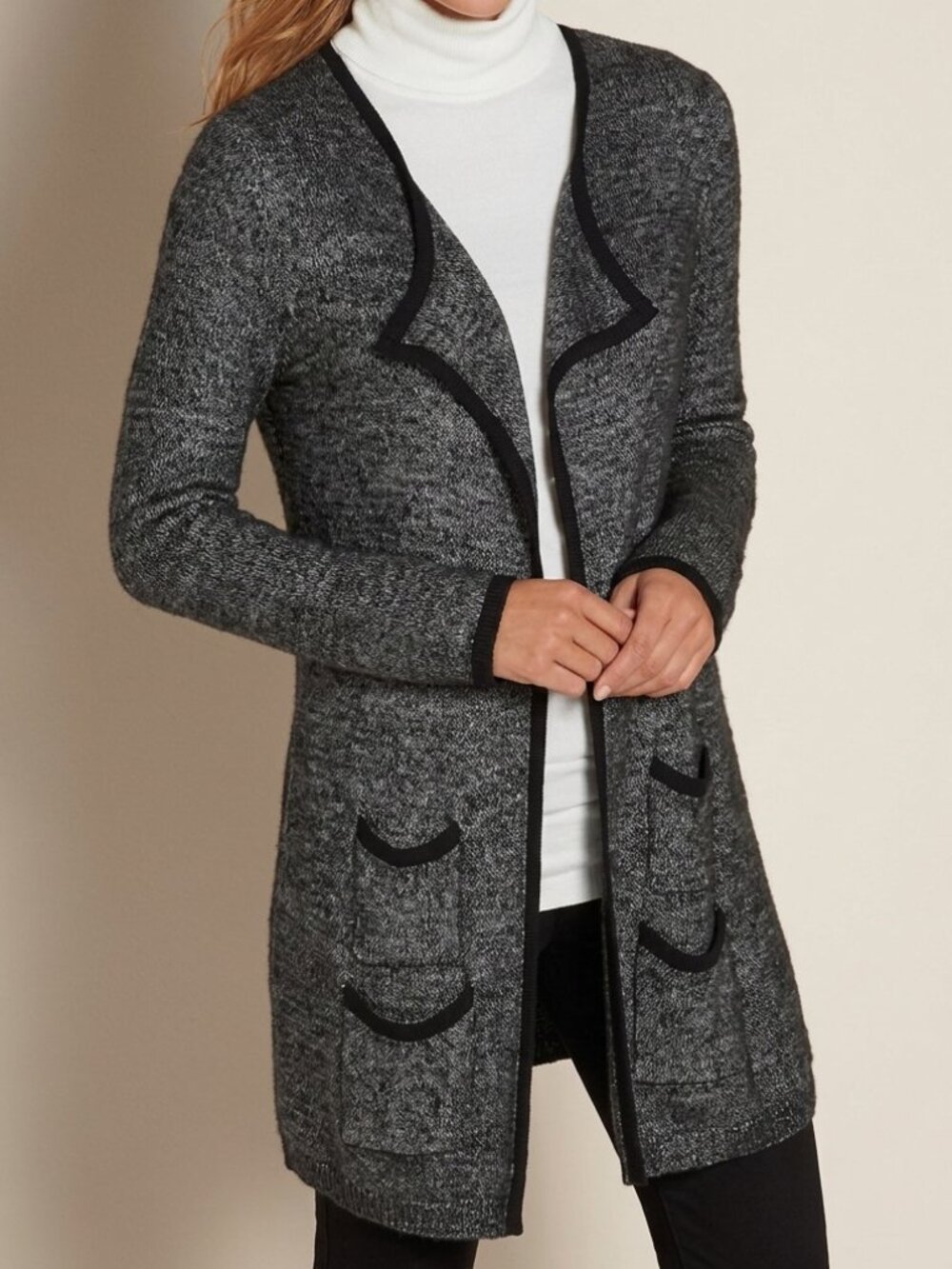 SOFT SURROUNDINGS Shelby Cardigan Black Gray Open Front Long Knit Sweater Small